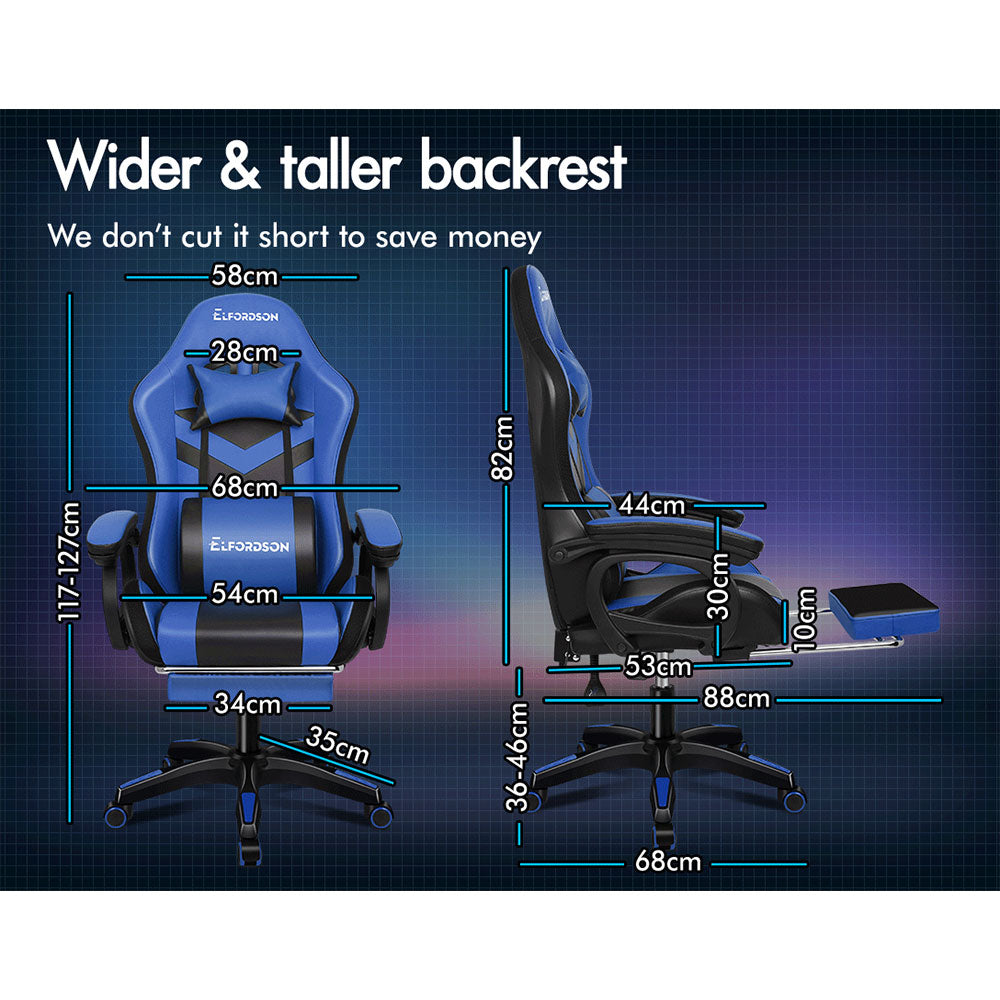 ELFORDSON Gaming Chair with RGB LED Light 8-Point Massage, Blue & Black