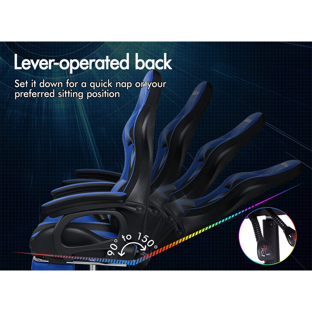 ELFORDSON Gaming Chair with RGB LED Light 8-Point Massage, Blue & Black