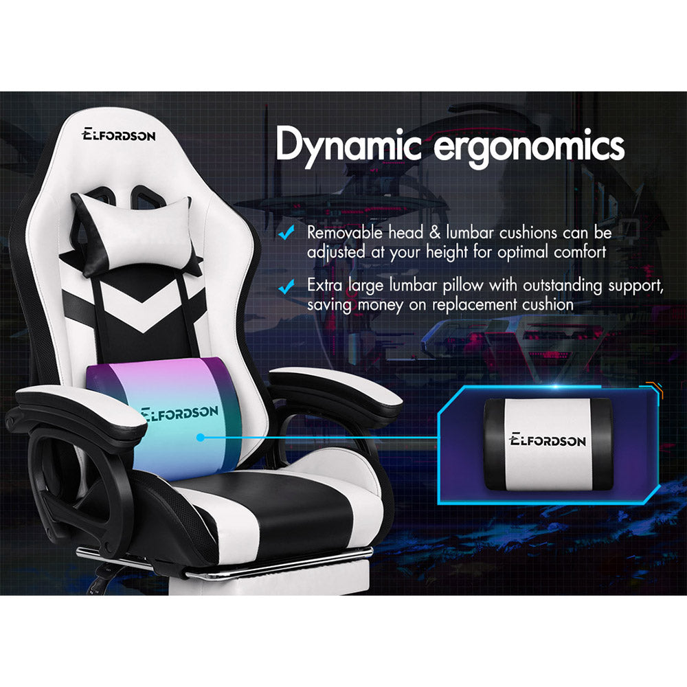 ELFORDSON Gaming Chair with RGB LED Light 8-Point Massage, White & Black