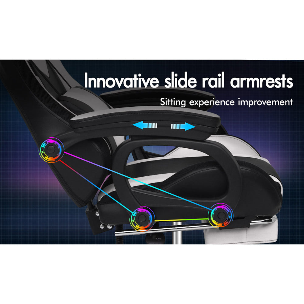 ELFORDSON Gaming Chair with RGB LED Light 8-Point Massage, White & Black