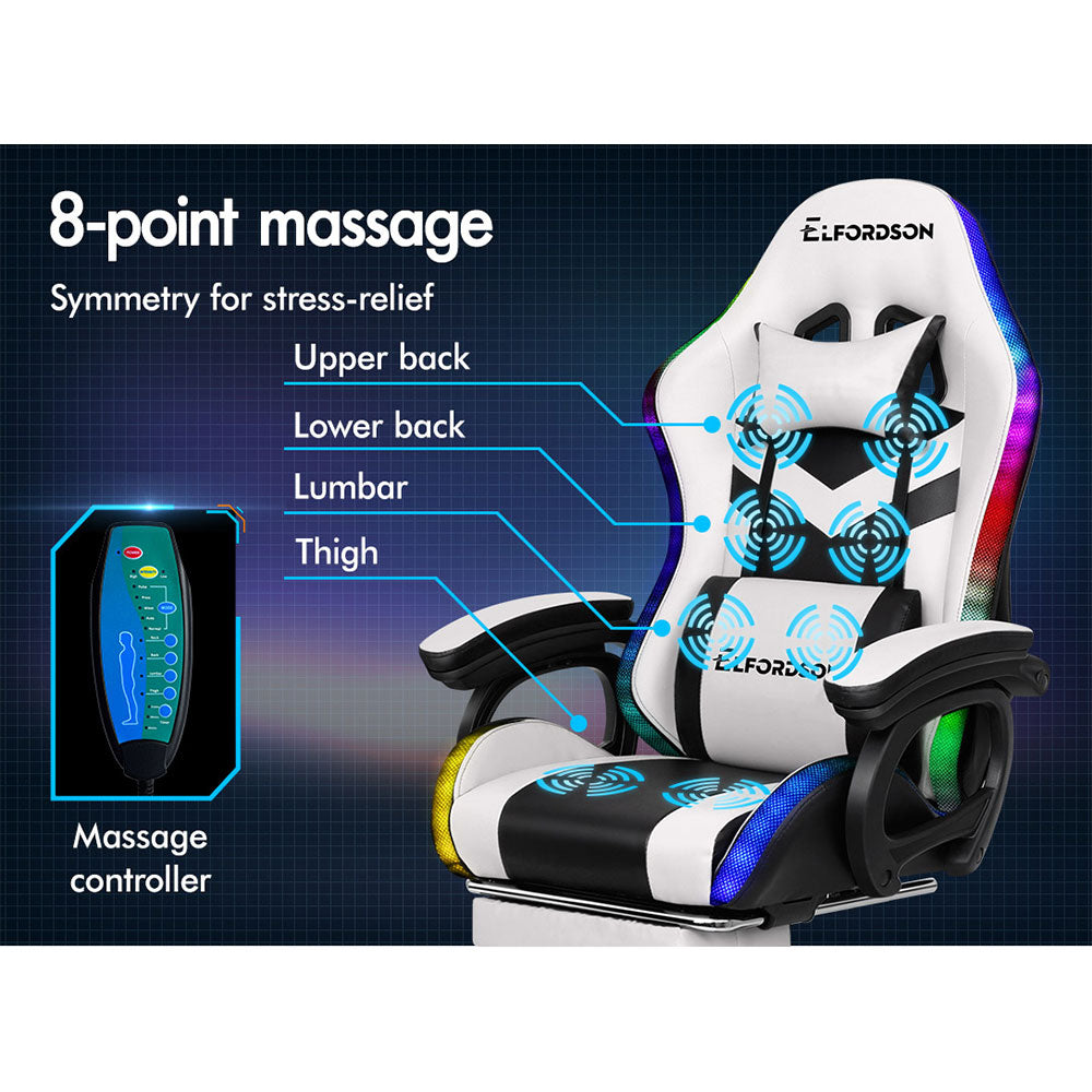 ELFORDSON Gaming Chair with RGB LED Light 8-Point Massage, White & Black