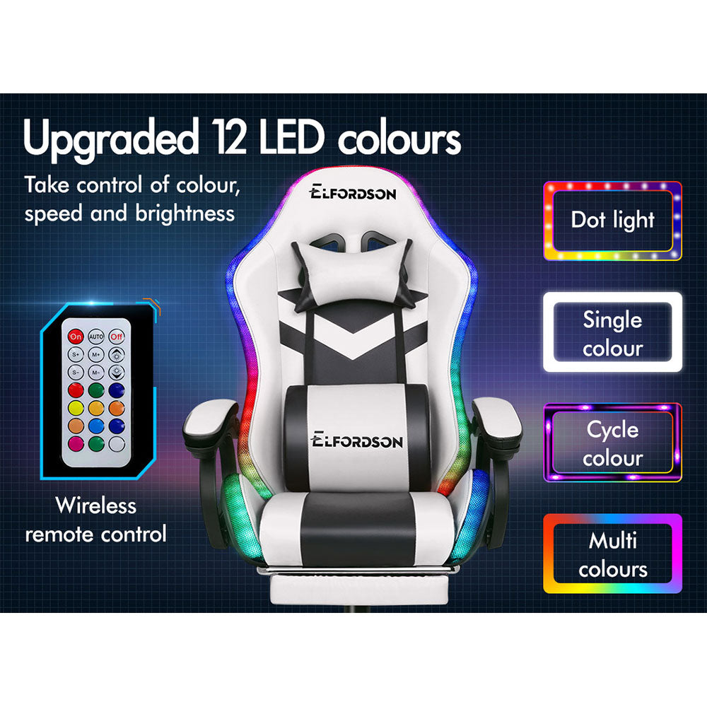 ELFORDSON Gaming Chair with RGB LED Light 8-Point Massage, White & Black