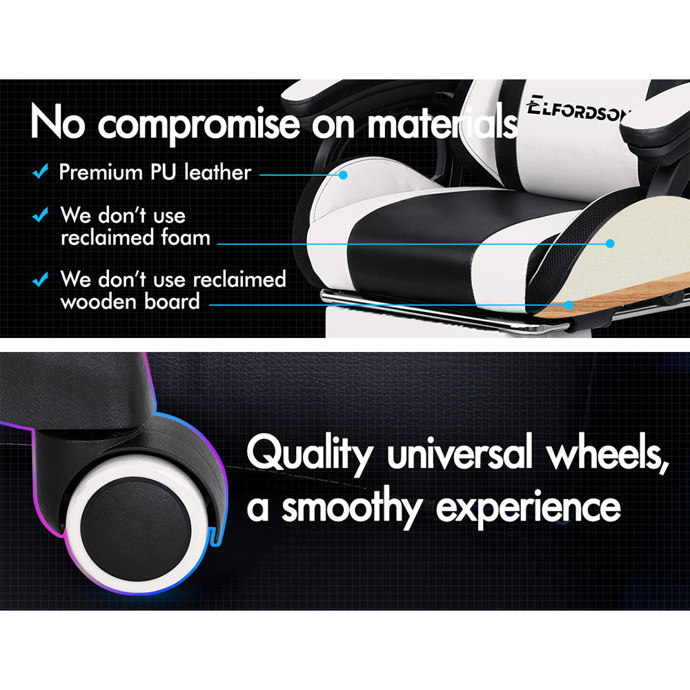ELFORDSON Gaming Chair with RGB LED Light 8-Point Massage, White & Black