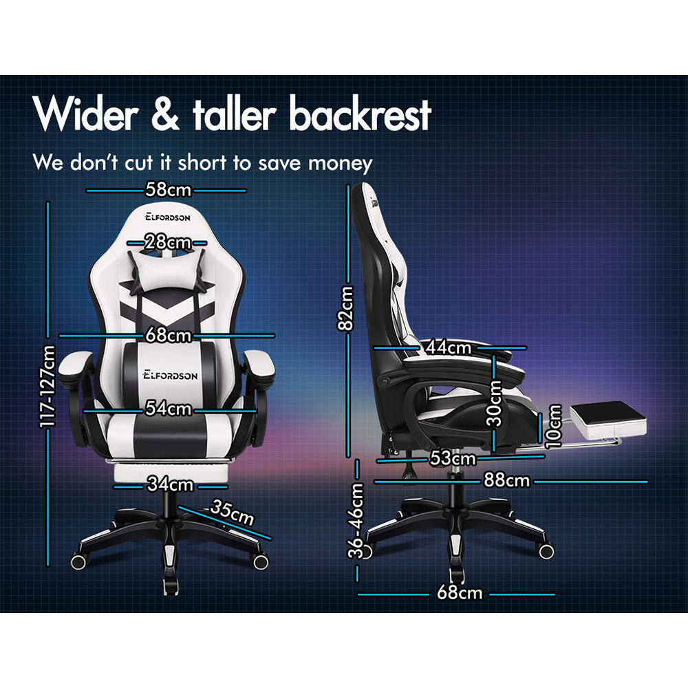 ELFORDSON Gaming Chair with RGB LED Light 8-Point Massage, White & Black