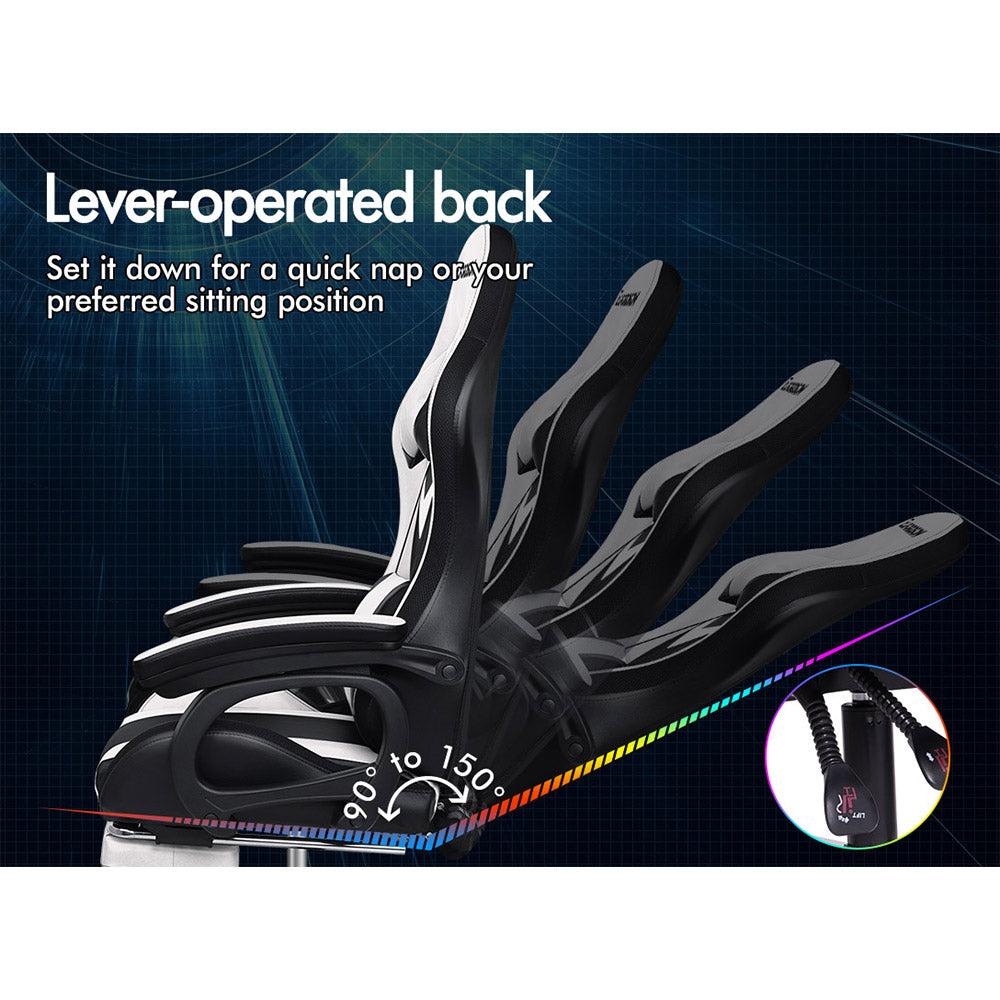 ELFORDSON Gaming Chair with RGB LED Light 8-Point Massage, White & Black
