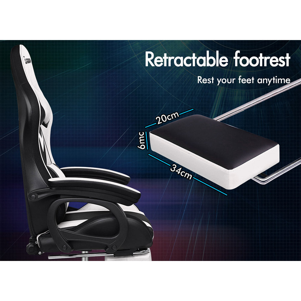 ELFORDSON Gaming Chair with RGB LED Light 8-Point Massage, White & Black