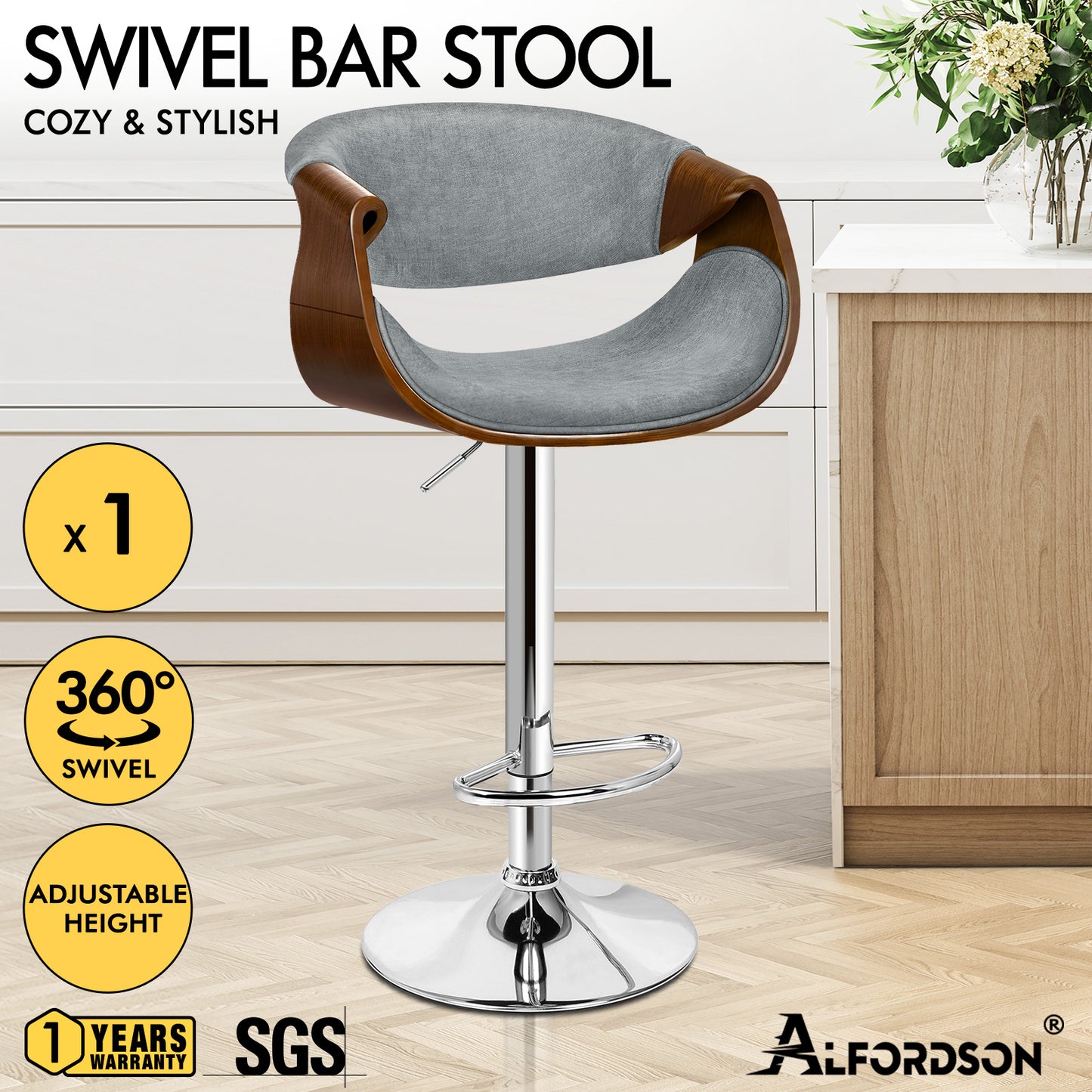 ALFORDSON Breakfast Bar Stools - 360° Swivel, Height Adjustable, Grey