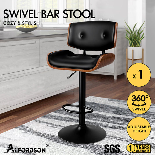 ALFORDSON Bar Stools, Wooden, 360° Swivel PU Leather, Black