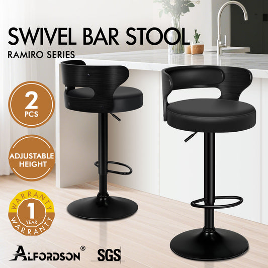 ALFORDSON 2x Bar Stool Kitchen Swivel Chair Wooden Leather Ramiro All Black