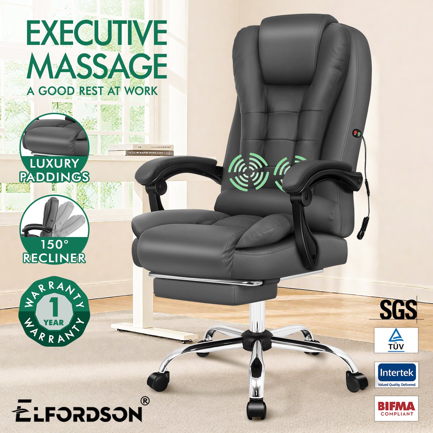 ELFORDSON Massage Office Chair Gaming Executive Seat PU Leather Grey