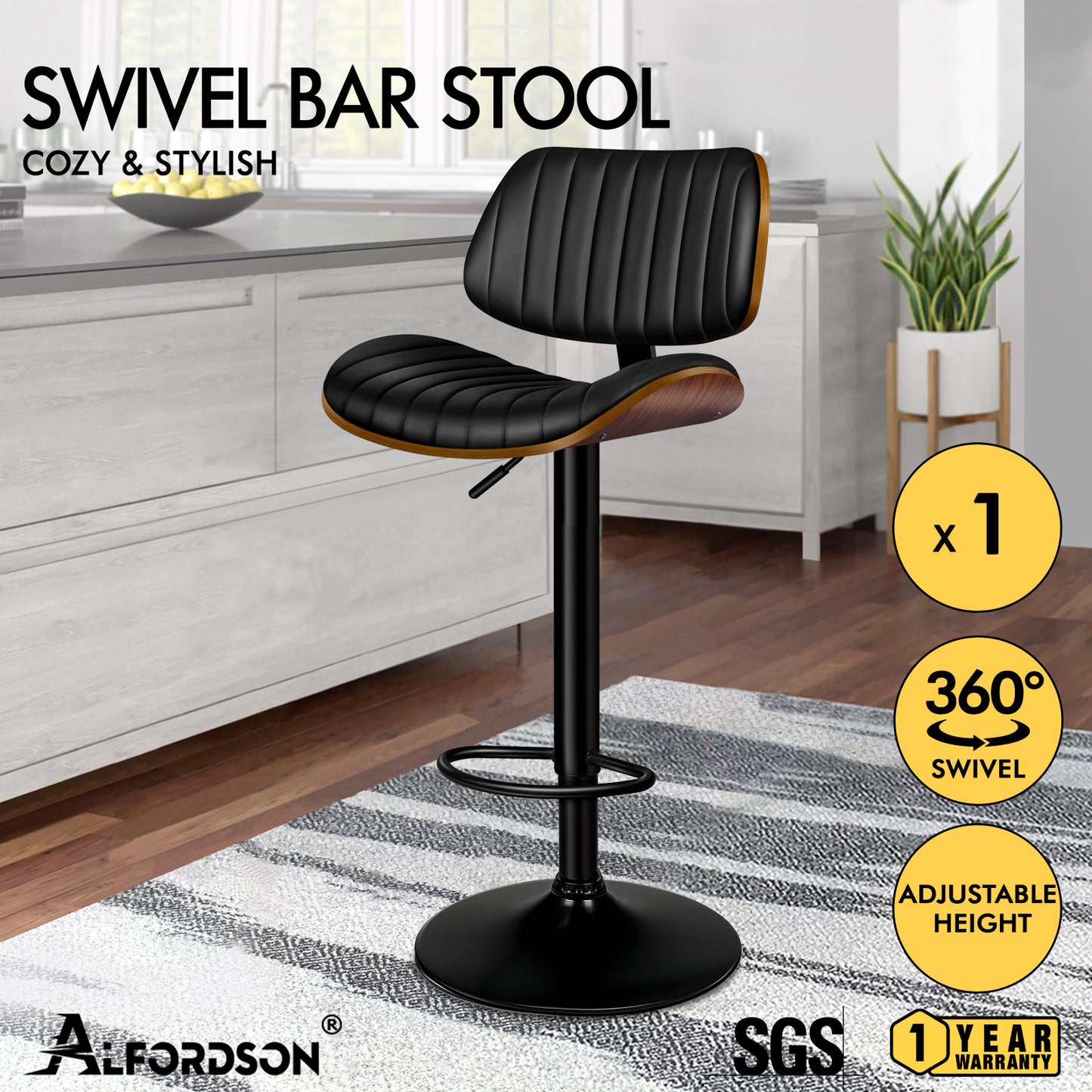 ALFORDSON 1x Bar Stool Kitchen Swivel Chair Wooden Leather Gas Lift Black