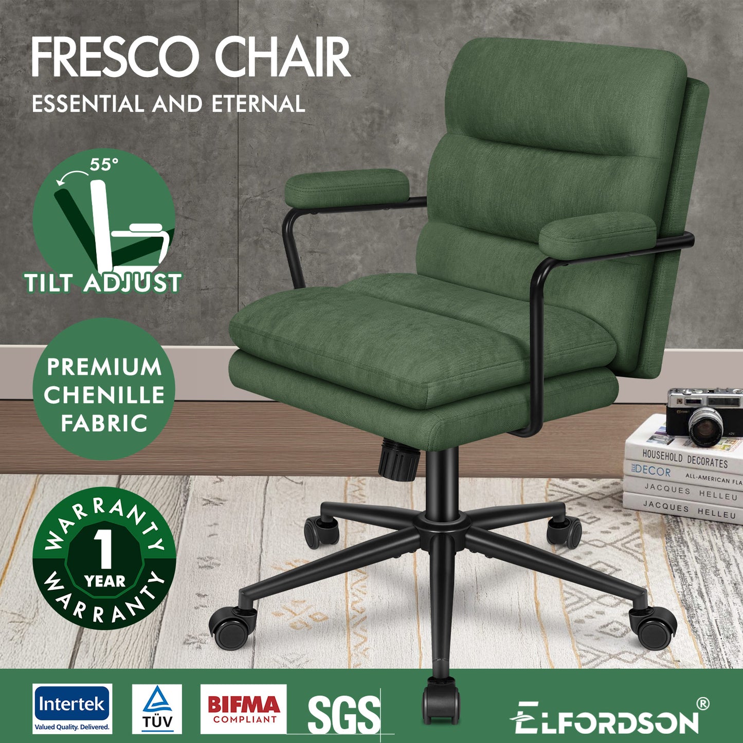 ELFORDSON Office Chair Ergonomic Executive Computer Work Seat Chenille Green