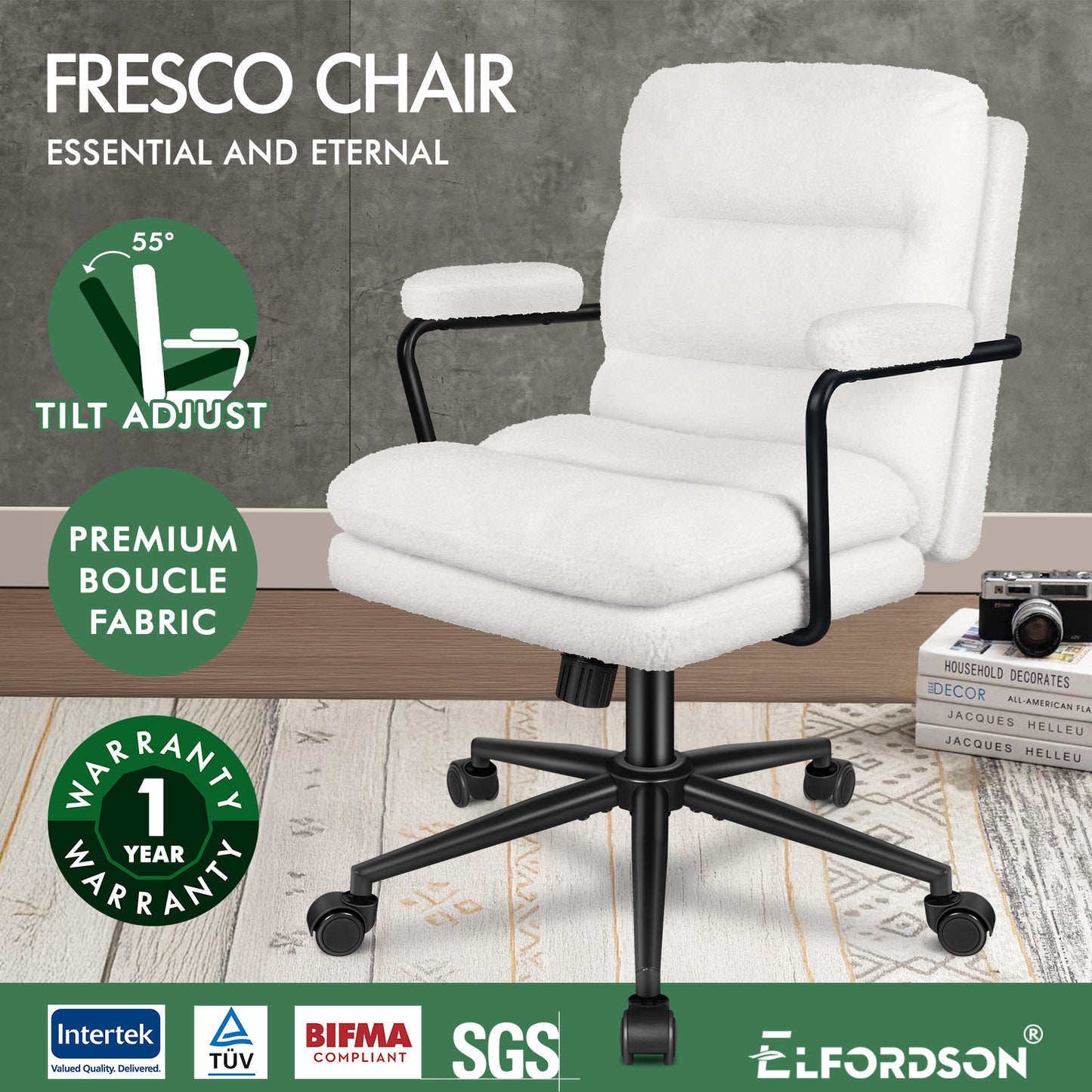 ELFORDSON Office Chair Ergonomic Executive Computer Work Seat Boucle White