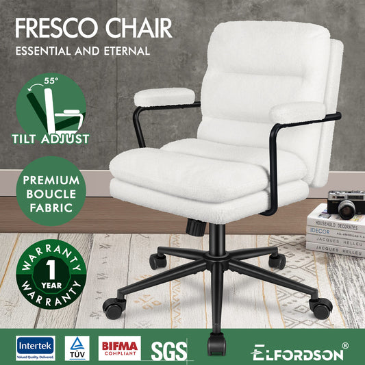 ELFORDSON Office Chair Ergonomic Executive Computer Work Seat Boucle White