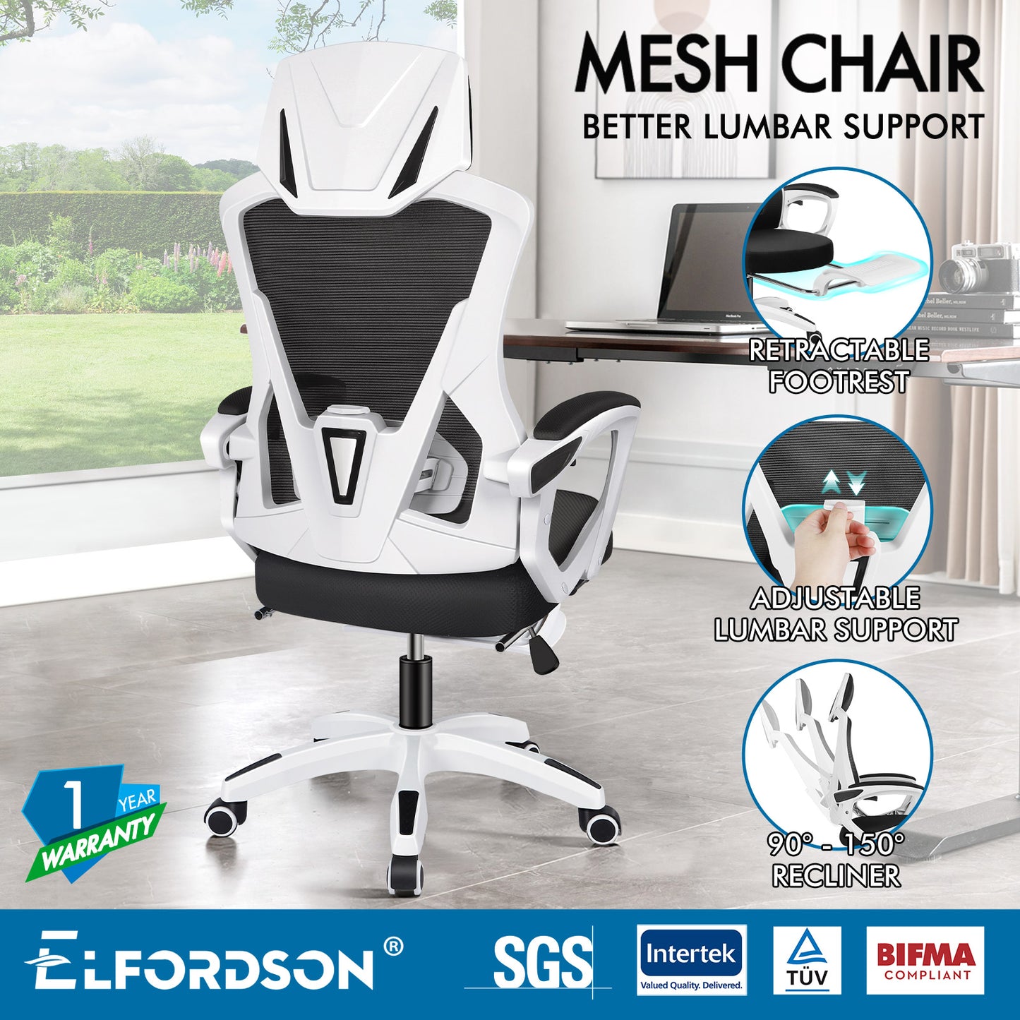 ELFORDSON Mesh Office Chair Racing Executive Fabric Seat Recliner White and Black