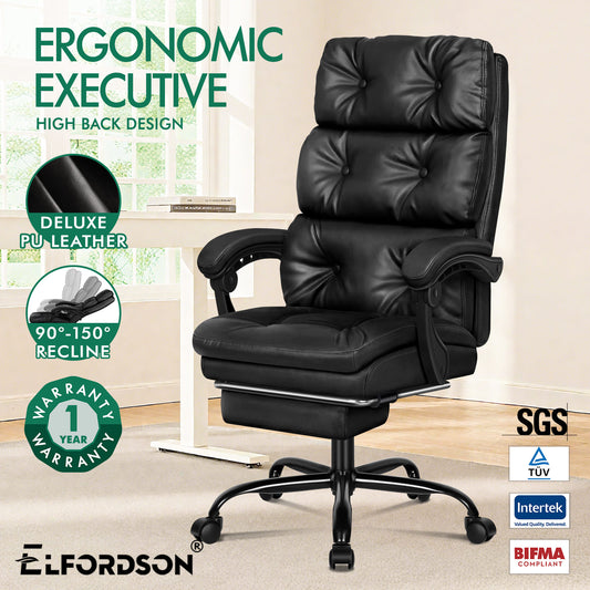 ELFORDSON Office Chair Executive Computer PU Leather Seat Work Recliner Gaming PU Leather Black