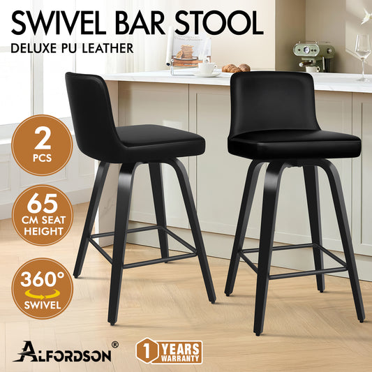ALFORDSON 2x Swivel Bar Stools Bailey Kitchen Wooden Dining Chair ALL BLACK