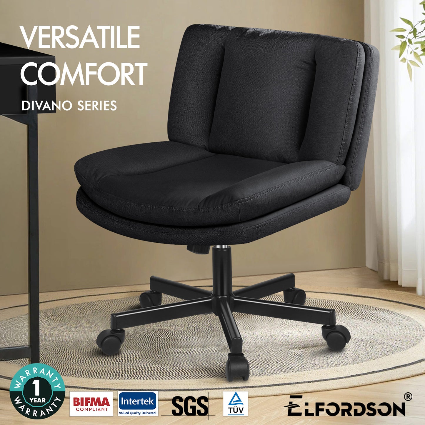 ELFORDSON Armless Office Desk Chair Mid Back Wide Seat Fabric Black
