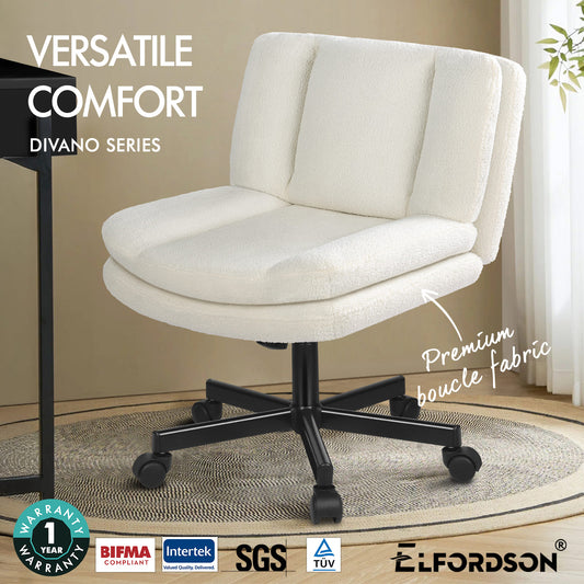 ELFORDSON Armless Office Desk Chair Mid Back Wide Seat Boucle Fabric White