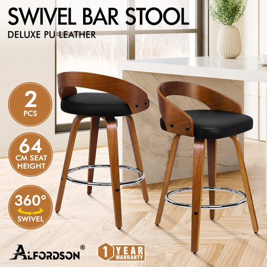 ALFORDSON 2x Swivel Bar Stools Caden Kitchen Wooden Dining Chair BLACK