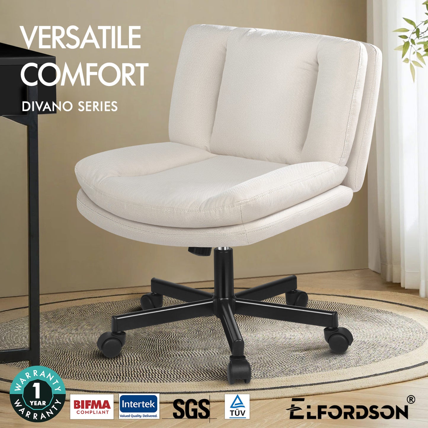 ELFORDSON Armless Office Desk Chair Mid Back Wide Seat Fabric Beige