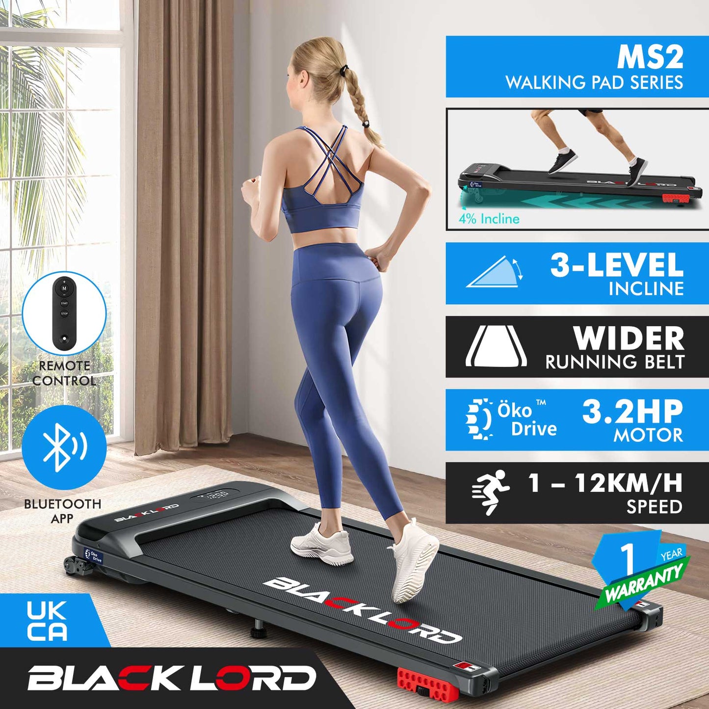 BLACK LORD Treadmill Electric Walking Pad Home Office Gym Fitness Incline MS2