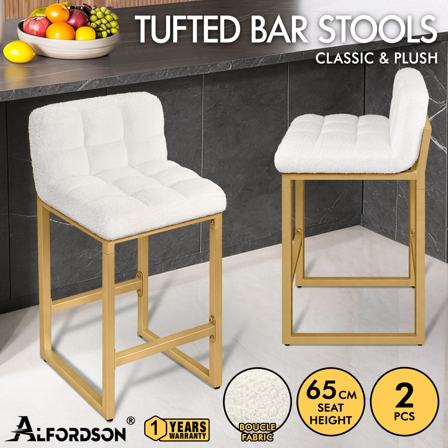 ALFORDSON 65CM Counter Height Bar Stools Set of 2, Metal Frame, White