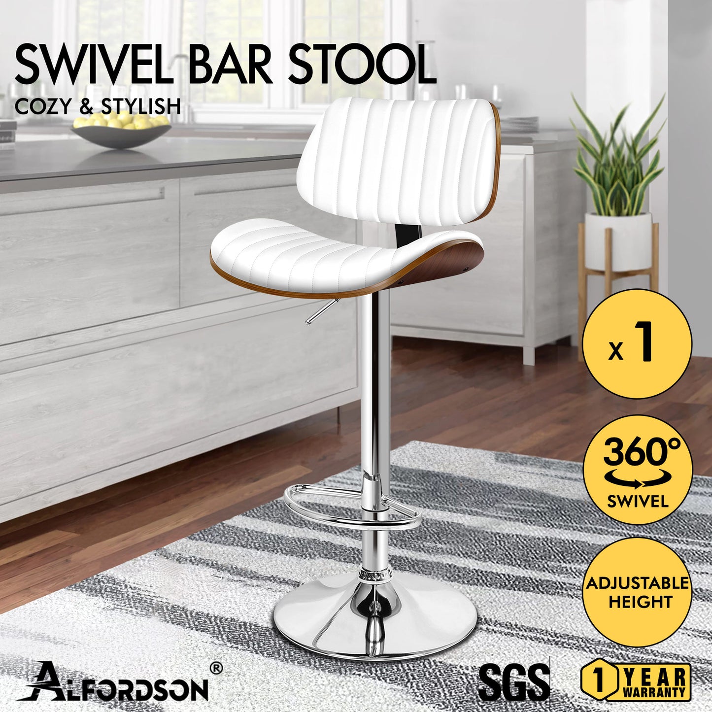 ALFORDSON 1x Bar Stool Kitchen Swivel Chair Wooden Leather Gas Lift White