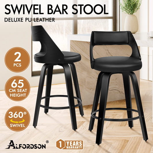 ALFORDSON 2x Swivel Bar Stools Eden Kitchen Wooden Dining Chair All Black
