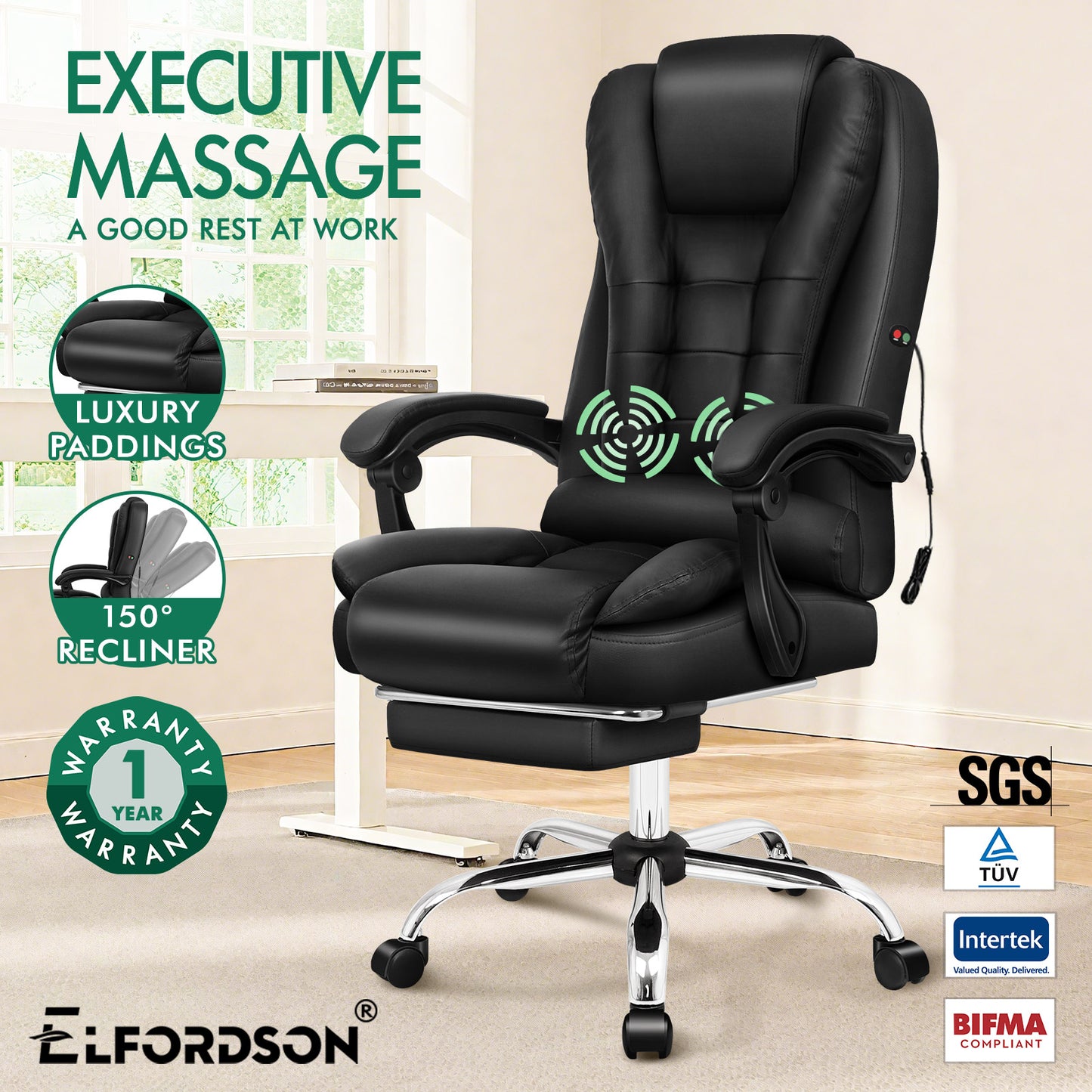 ELFORDSON Massage Office Chair Gaming Executive Seat PU Leather Black