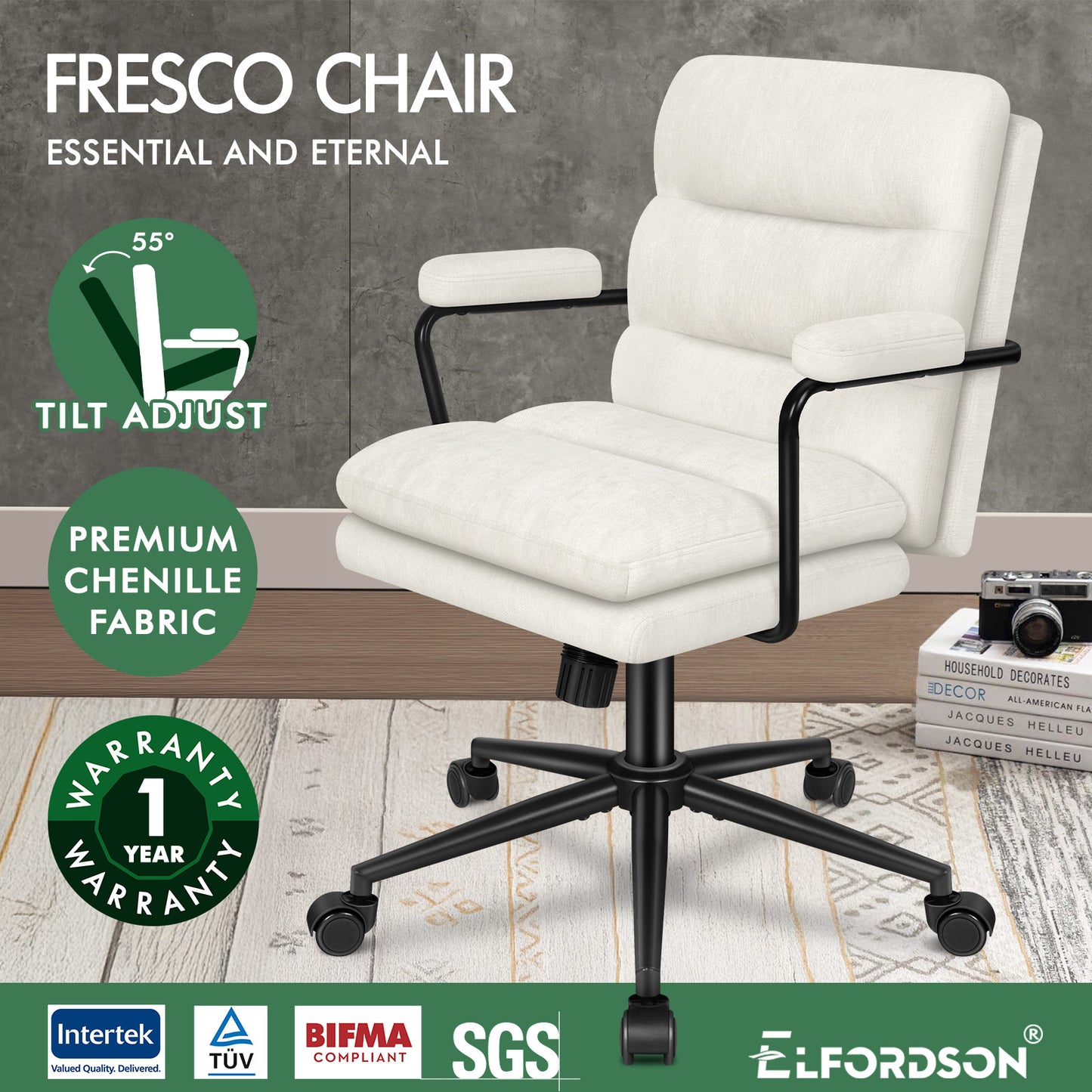 ELFORDSON Office Chair Ergonomic Executive Computer Work Seat Chenille Beige