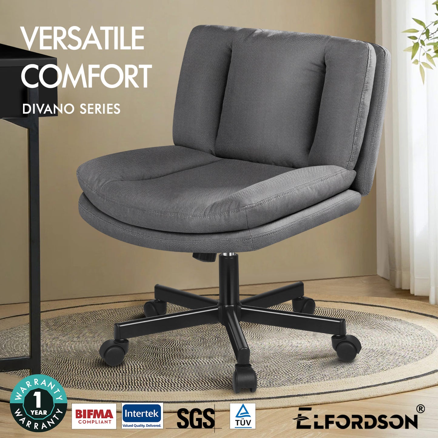ELFORDSON Armless Office Desk Chair Mid Back Wide Seat Fabric Grey