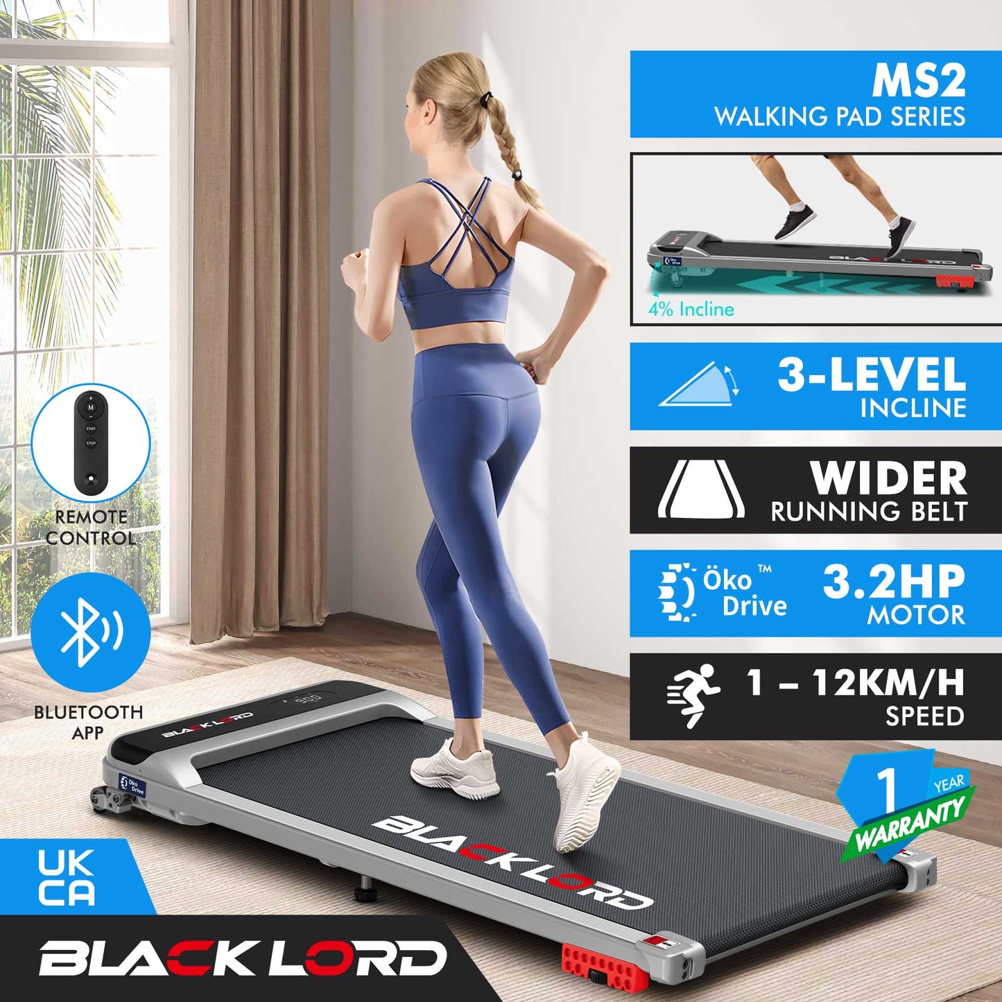 BLACK LORD Treadmill Electric Walking Pad Home Office Gym Fitness Incline MS2