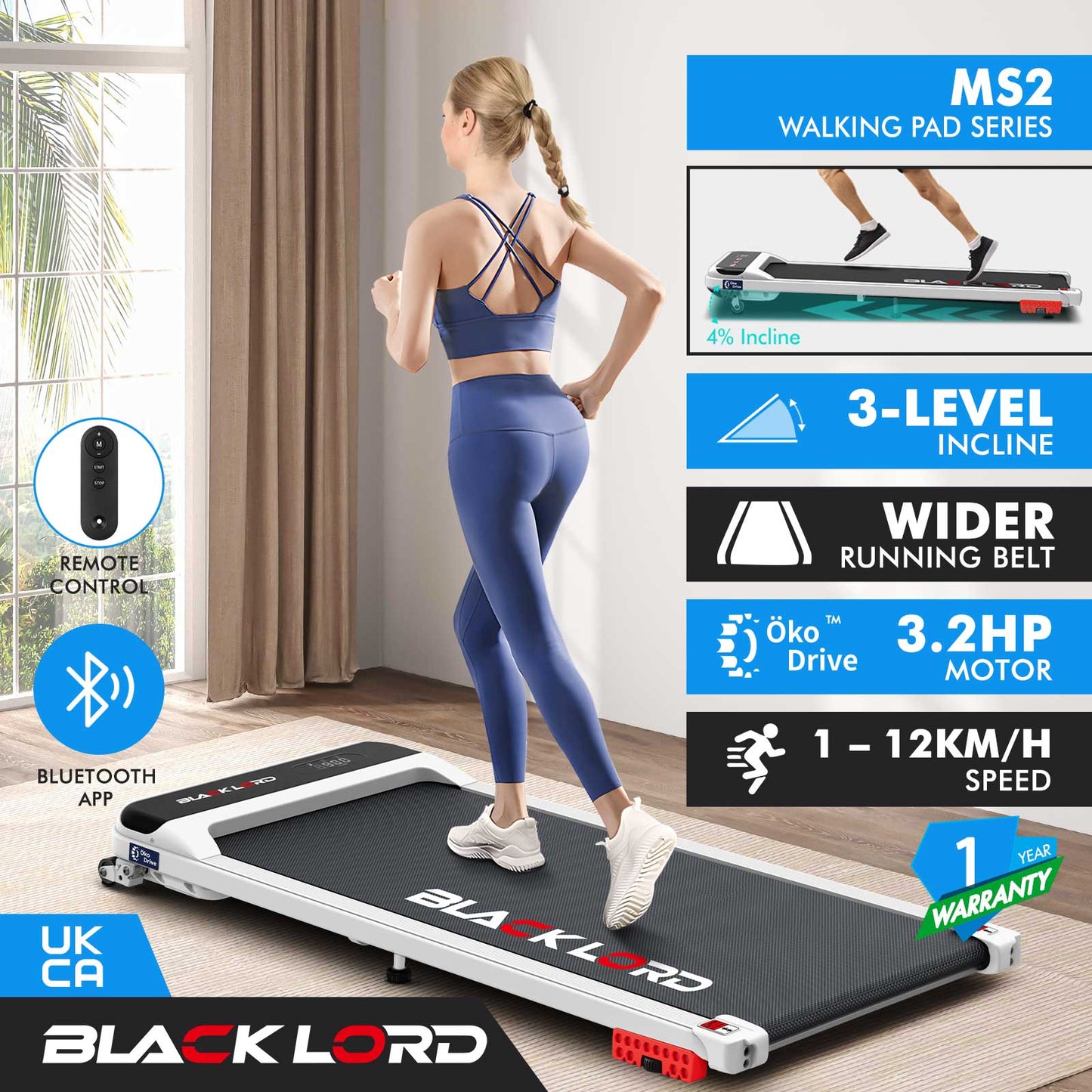 BLACK LORD Treadmill Electric Walking Pad Home Office Gym Fitness Incline MS2