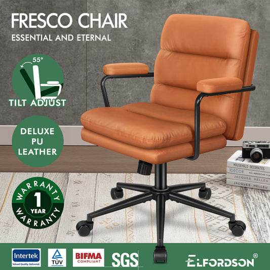 ELFORDSON Office Chair Ergonomic Executive Computer Work Seat Leather Brown