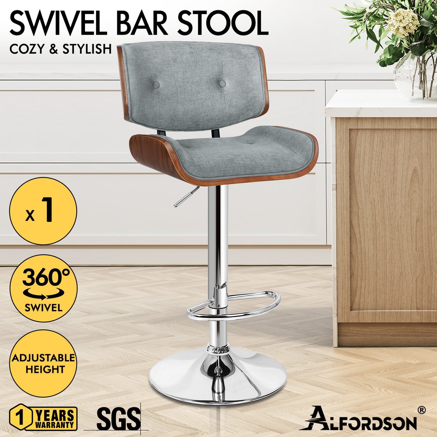 ALFORDSON Bar Stools, Wooden, 360° Swivel Linen Fabric, Grey