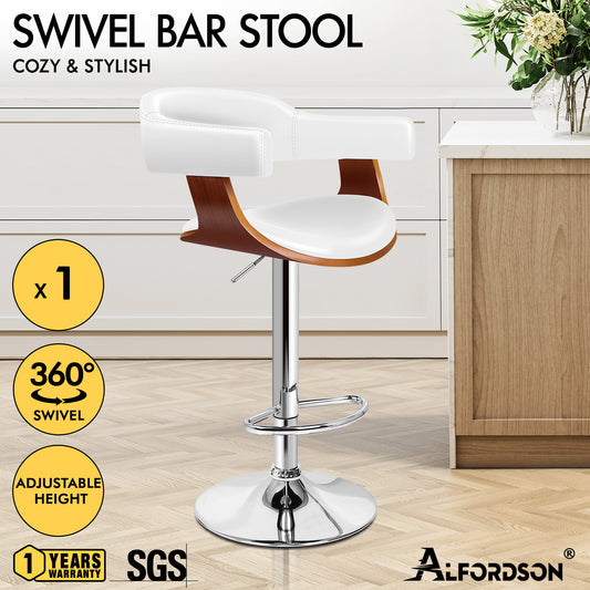 ALFORDSON 1x Bar Stool Joan Kitchen Swivel Chair Wooden Leather Gas Lift White