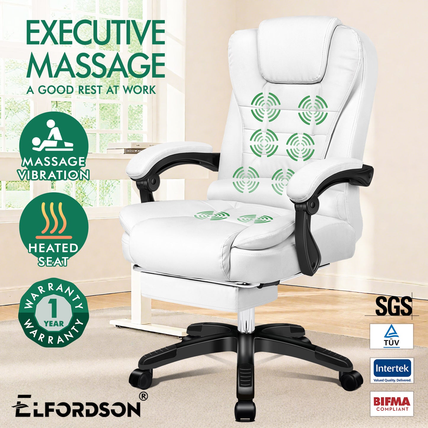 ELFORDSON Office Chair with 8-Point Massage and Heat Function, White
