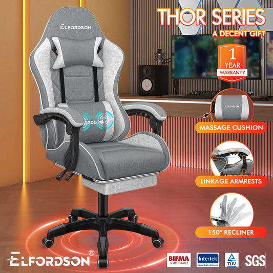 ELFORDSON Gaming Chair with 2-Point Massage Lumbar Cushion, 150° Reclining, Fabric, Light Grey