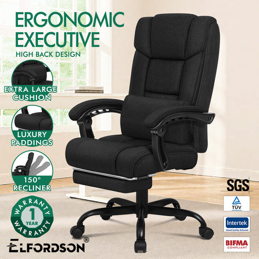 ELFORDSON Office Chair Executive Computer Gaming Fabric Seat Recliner Black