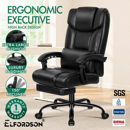 ELFORDSON Office Chair Executive Computer Gaming PU Leather Seat Recliner PU Leather Black