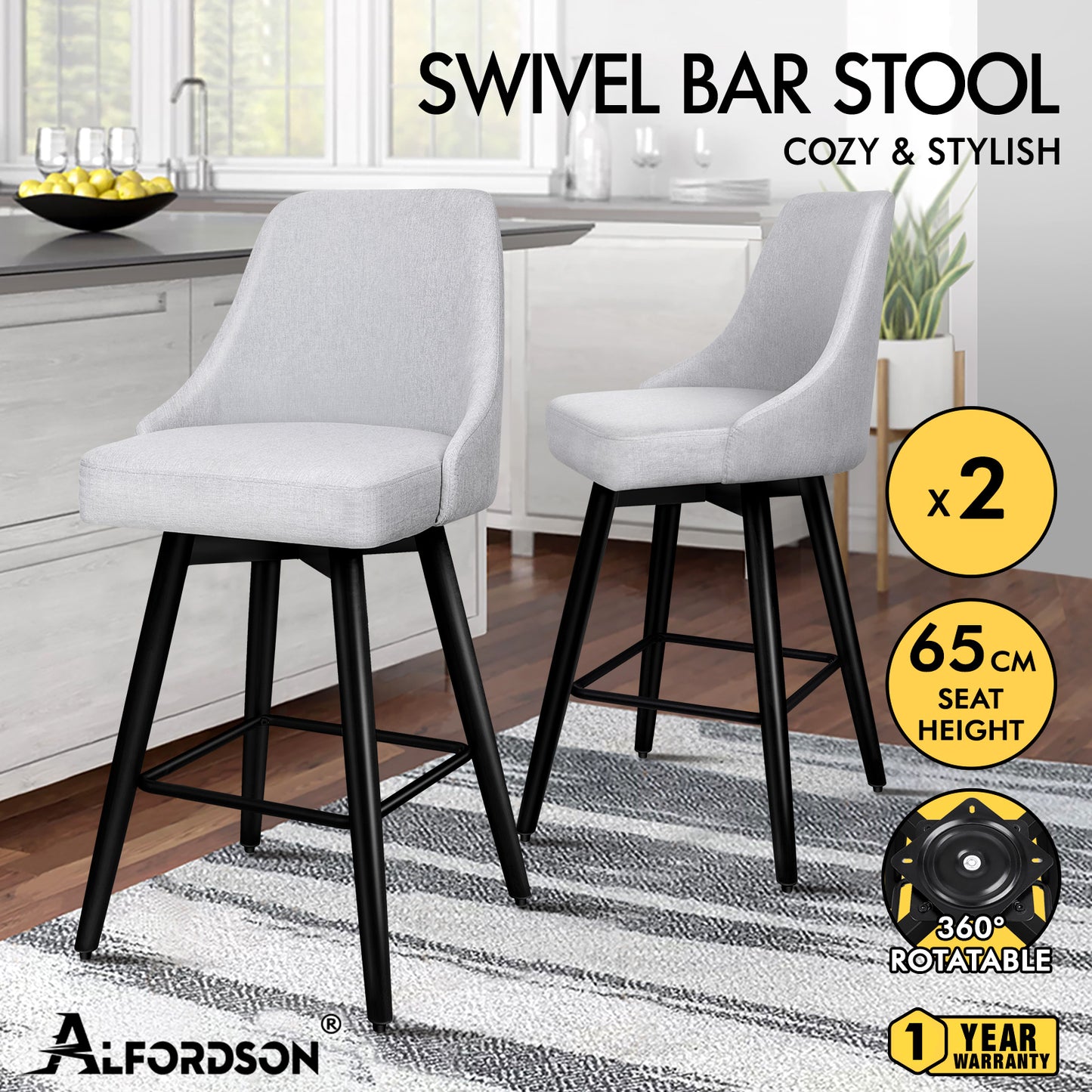 ALFORDSON 2x Swivel Bar Stools Kitchen Dining Chair Cafe Wooden LIGHT GREY