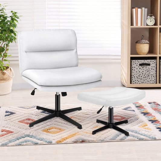 ELFORDSON Office Chair Computer Cross-legged Seat Work Ottoman PU Leather White