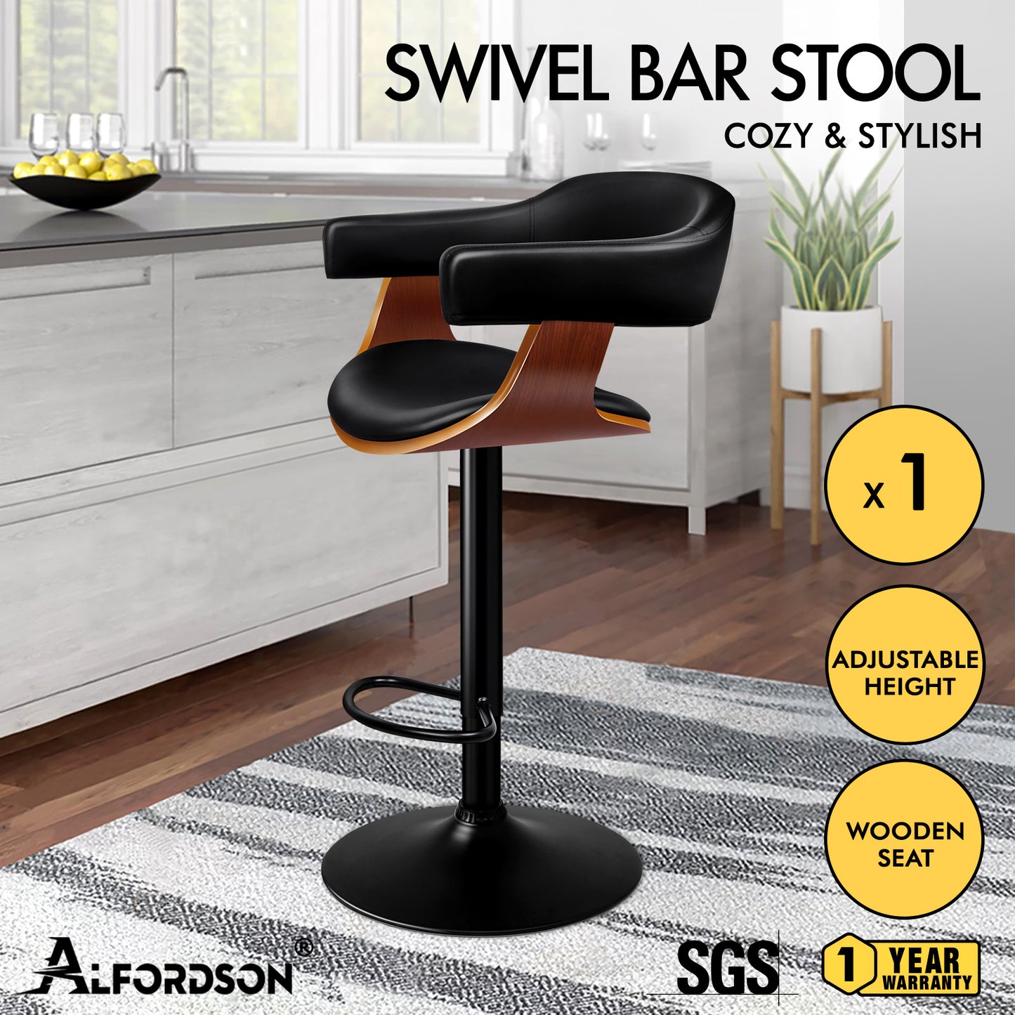 ALFORDSON 1x Bar Stool Joan Kitchen Swivel Chair Wooden Leather Gas Lift