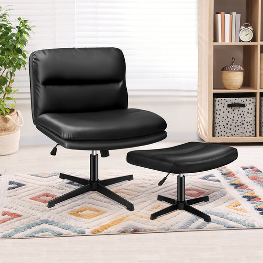 ELFORDSON Office Chair Computer Cross-legged Seat Work Ottoman PU Leather Black