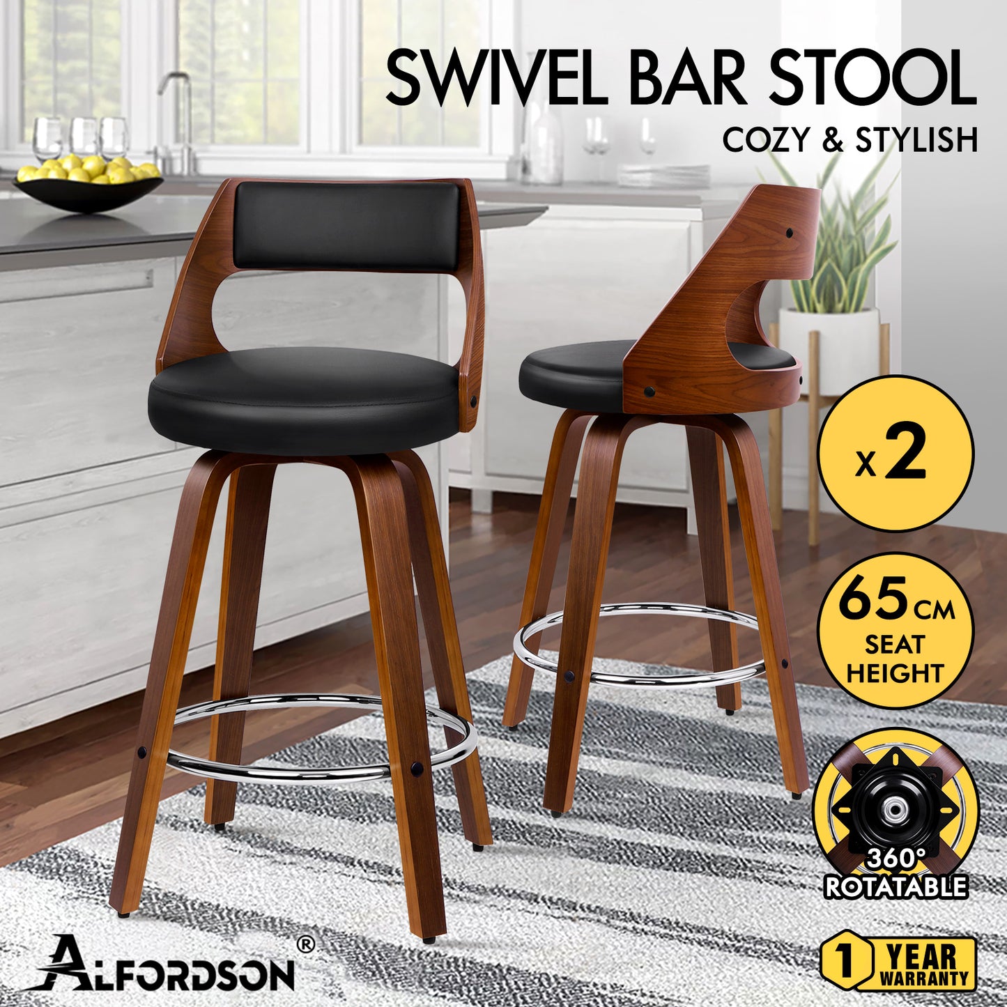 ALFORDSON 2x Swivel Bar Stools Eden Kitchen Wooden Dining Chair Black