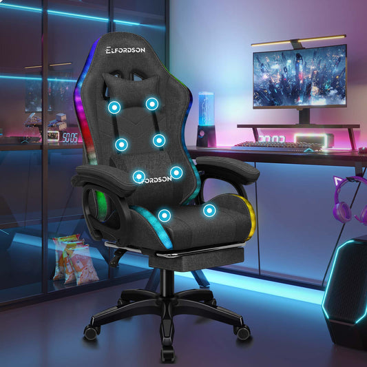 ELFORDSON Gaming Chair Office 12 RGB LED Massage Computer Seat Fabric Grey