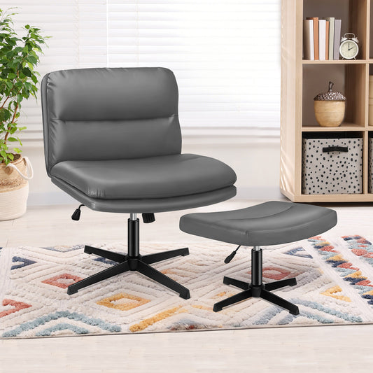 ELFORDSON Office Chair Computer Cross-legged Seat Work Ottoman PU Leather Grey