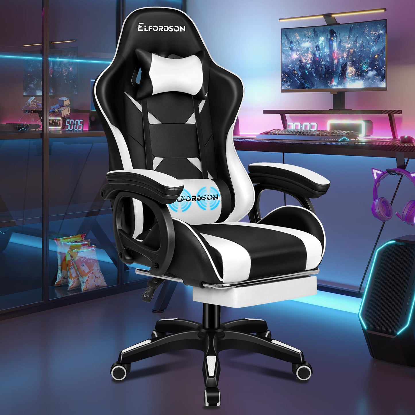 ELFORDSON Office Chair Massage Padded Recliner Swivel Footrest Computer Gaming