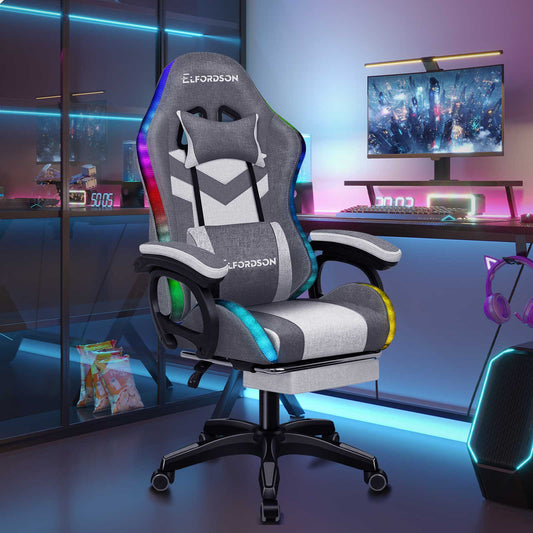 ELFORDSON Gaming Chair Office 12 RGB LED Massage Computer Fabric Seat Grey